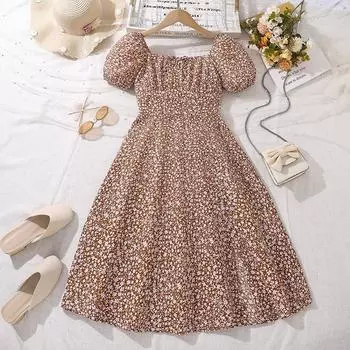 Платья для девочек 7-12 лет Детская одежда Летняя новая юбка с цветочным принтом и рукавами-фонариками Курортный стиль Тонкая длинная юбка 130cm/8Y коричневый