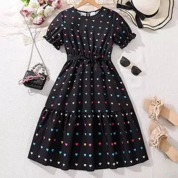 Платья для девочек 8-12 лет, детское летнее новое модное платье принцессы с принтом «Любовь», юбка принцессы с короткими рукавами 130cm/8Y чёрный