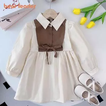 Платья для девочек Bear Leader, весенне-осенняя модная детская одежда с воротником-поло и вставками, кружевная детская одежда с длинными рукавами AH9157 3T