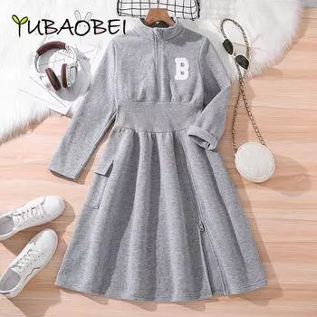 Платья для девочек Детская одежда Осенняя мода Письмо Patch Stand воротник Длинный рукав свитер Спортивное платье 8Y серый