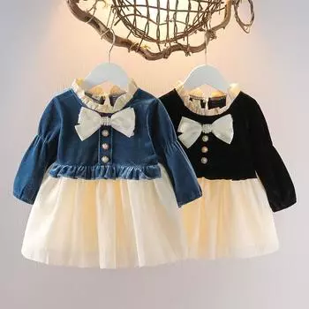 Платья для девочек. Детская одежда. Весенняя и осенняя юбка с длинными рукавами. 90