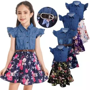Платья для девочек Джинсовая распашная юбка с цветочным принтом и поясом Модная повседневная одежда для девочек 5-6 Years темно-синий