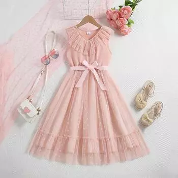 Платья для девочек, коллекция 2024 года, летняя детская одежда, розовое сетчатое платье принцессы без рукавов с v-образным вырезом в горошек для детей 8Y розовый