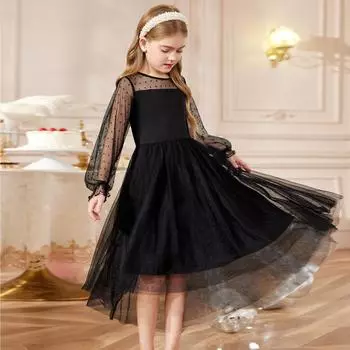 Платья для девочек, контрастная сетка, длинный рукав, закрученный, высокий, низкий, вечернее платье для дня рождения 110 чёрный