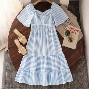 Платья для девочек, летние синие платья, детские платья 8-12 лет, новое полосатое платье с короткими рукавами, длинная юбка «Темперамент» 130cm/8Y синий