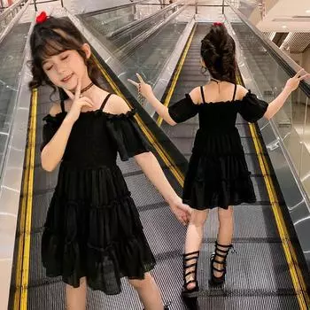 Платья для девочек, однотонное детское летнее платье для девочек, детские праздничные платья в повседневном стиле, однотонная одежда для девочек 110 чёрный