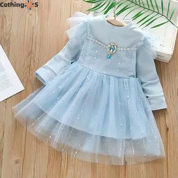 Платья для девочек, осень, новые детские милые платья с длинными рукавами и бретелькой через шею для детей 90