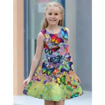 Платья для девочек от 4 до 14 лет, детское платье без рукавов с 3D принтом бабочек и животных, дышащая одежда с цифровым рисунком 4-5Y
