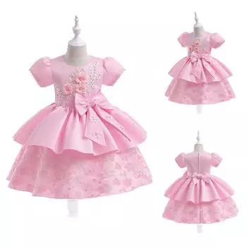 Платья для девочек, платье для крещения младенцев, детские платья для свадебной вечеринки, платье для крестин с бантом и бисером, детская одежда для дня рождения 4Y розовый
