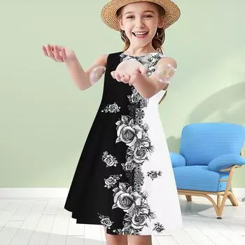 Платья для девочек с 3D-принтом, детское платье принцессы без рукавов, черно-белое платье с цветочным принтом и без рукавов 80 белый