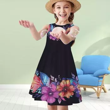Платья для девочек с 3D-принтом, детское платье принцессы без рукавов, платье-майка с 3D-принтом и фиолетовыми сверкающими цветами 80 синий