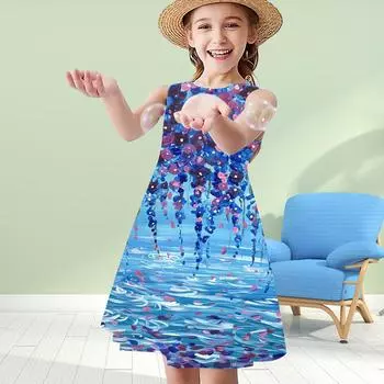 Платья для девочек с 3D-принтом, детское платье принцессы без рукавов для девочек, платье с 3D-принтом и цветущей вишней 80 синий