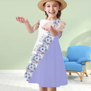 Платья для девочек с 3D-принтом, детское платье принцессы без рукавов, платье-майка с 3D-принтом и принтом «Наклон вокруг цветов» 80 синий