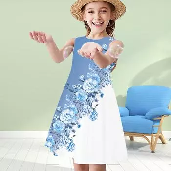 Платья для девочек с 3D-принтом и цветочным принтом, детское платье принцессы без рукавов для девочек, платье с 3D-принтом 80 синий