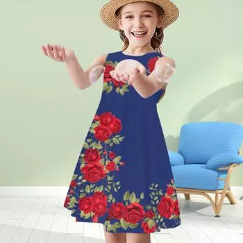 Платья для девочек с 3D-принтом, детское платье принцессы без рукавов, платье-майка с 3D-принтом и розой с шипами 80 синий