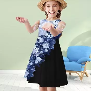 Платья для девочек с 3D-принтом, детское платье принцессы без рукавов, платье-майка с 3D-принтом, синее платье с цветочным принтом и надписью «Tilt Etiquette» 80 синий