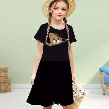 Платья для девочек с 3D-принтом и выглядывающим медведем, детское платье принцессы с короткими рукавами и принтом в виде майки с 3D-принтом 80 чёрный