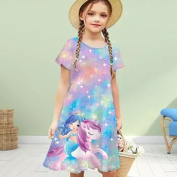 Платья для девочек с 3D-принтом «Волшебная русалка» для вечеринок с короткими рукавами для девочек, платье принцессы с 3D-принтом 80 розовый