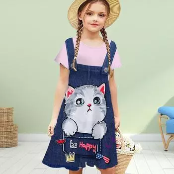 Платья для девочек с 3D-принтом на поддельных бретельках и принтом кошек, детское платье для девочек с короткими рукавами и принтом принцессы в виде 3D-платья 80 жёлтый