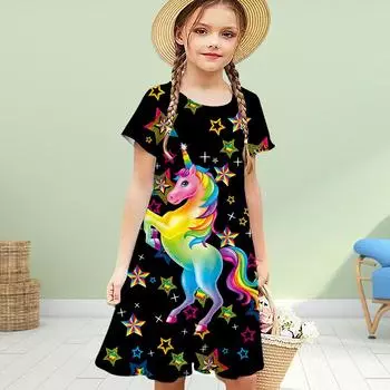 Платья для девочек с 3D-принтом «Звезды и лошади», детское праздничное платье принцессы с короткими рукавами, платье-майка с 3D-принтом 80 чёрный