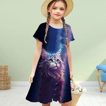 Платья для девочек с 3D-принтом «Звездное небо и кошка», детское платье для вечеринки с короткими рукавами, платье принцессы с 3D-принтом 80 чёрный
