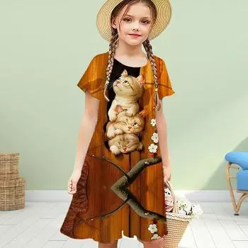 Платья для девочек с милым принтом 3D Cat, детское праздничное платье принцессы с короткими рукавами, платье с принтом 3D 80 белый