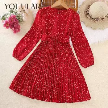 Платья для девочек, весенняя новая красная плиссированная юбка в горошек с длинными рукавами, платье для девочек, детская одежда