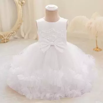 Платья для крещения с бантом для маленьких девочек, пышное белое фатиновое платье с цветочным узором на первый день рождения, платье принцессы для детей, свадебное вечернее платье 6-9M белый