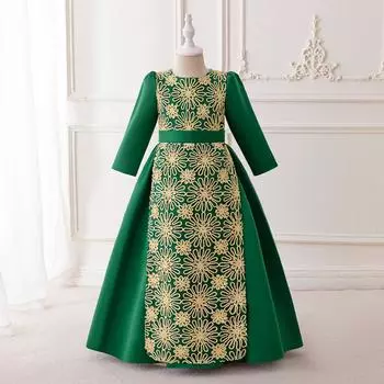 Платья для маленьких девочек, свадебные кружевные платья с длинными рукавами и большим бантом для новорожденных девочек, платье принцессы на 5-й день рождения 4Y зелёный