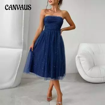 Платья для весны и лета Женское вечернее платье средней длины с высокой талией из сетки S чёрный