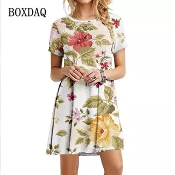 Платья для женщин 2022 года, новое летнее платье с коротким рукавом и цветами, свободное платье, повседневное платье А-силуэта с цветочным принтом, одежда больших размеров S