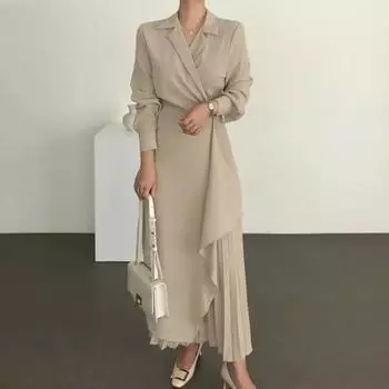 Платья для женщин 2024 года, плиссированная официальная элегантная рубашка, длинное платье для офиса, мусульманский винтажный однотонный костюм, вечернее платье S чёрный