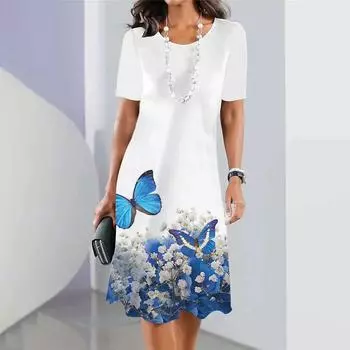 Платья для женщин больших размеров с принтом в виде 3D-бабочки и цветов Элегантная одежда с короткими рукавами Платье А-силуэта в стиле ретро Цветная одежда 2XL