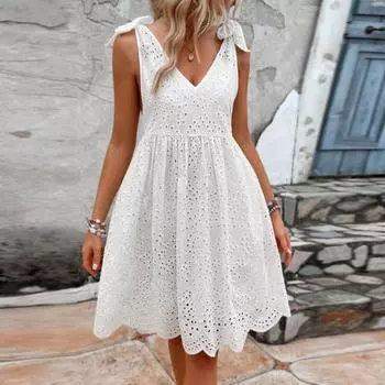 Платья для женщин Летнее свободное платье без рукавов Струящееся повседневное платье L белый
