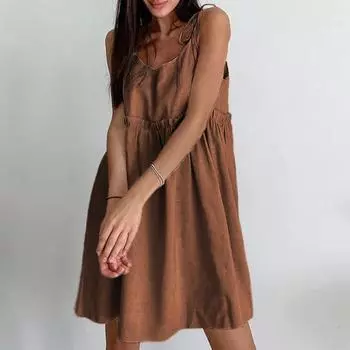 Платья для женщин, летнее свободное плиссированное лоскутное платье с бретельками, струящееся повседневное платье L коричневый