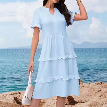 Платья для женщин, летние, повседневные, на пуговицах, с V-образным вырезом, с коротким рукавом, для работы, платья L