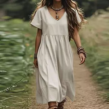 Платья для женщин, летние, повседневные, на пуговицах, с V-образным вырезом, с коротким рукавом, для работы, платья L хаки