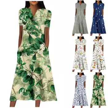 Платья для женщин. Милое платье макси с цветочным принтом. Летнее повседневное платье с коротким рукавом. L