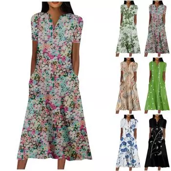 Платья для женщин. Милое платье макси с цветочным принтом. Летнее повседневное платье с коротким рукавом. M хаки