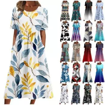 Платья для женщин Одежда Длинные платья для выпускного вечера Платья в стиле бохо с круглым вырезом и короткими рукавами с карманом XL синий