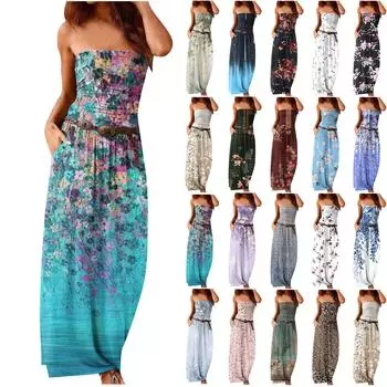 Платья для женщин Платье макси без бретелек Цветочные сарафаны в стиле бохо Богемное пляжное длинное летнее платье