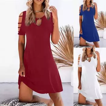 Платья для женщин, повседневное цветное платье с открытыми плечами и короткими рукавами, свободный пляжный короткий сарафан с круглым вырезом и круглым вырезом L синий