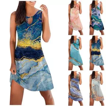 Платья для женщин, повседневное летнее платье без рукавов с цветочным принтом, свободный пляжный короткий сарафан L разноцветный
