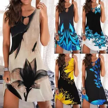 Платья для женщин, повседневное летнее платье без рукавов с цветочным принтом, свободное свободное пляжное короткое мини-сарафан L синий