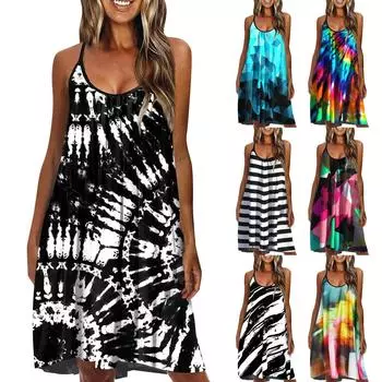 Платья для женщин, повседневное летнее платье без рукавов с цветочным принтом, свободный пляжный короткий сарафан с круглым вырезом и вырезом L синий