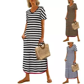 Платья для женщин, повседневное летнее платье макси с коротким рукавом и V-образным вырезом, в полоску, с разрезом по низу и карманами L красный