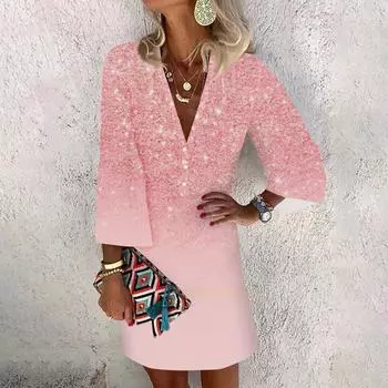 Платья для женщин Повседневное платье с V-образным вырезом Повседневное платье с рукавами три четверти Сарафан на пуговицах XXXL розовый