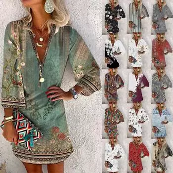 Платья для женщин Повседневное платье с V-образным вырезом Повседневное платье с рукавами три четверти Сарафан на пуговицах L армия зеленый