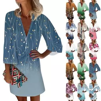 Платья для женщин Повседневное платье с V-образным вырезом Повседневное платье с рукавами три четверти Сарафан на пуговицах L бежевый