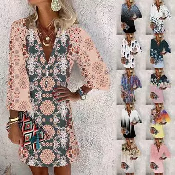 Платья для женщин Повседневное платье с V-образным вырезом Повседневное платье с рукавами три четверти Сарафан на пуговицах XXXL розовый